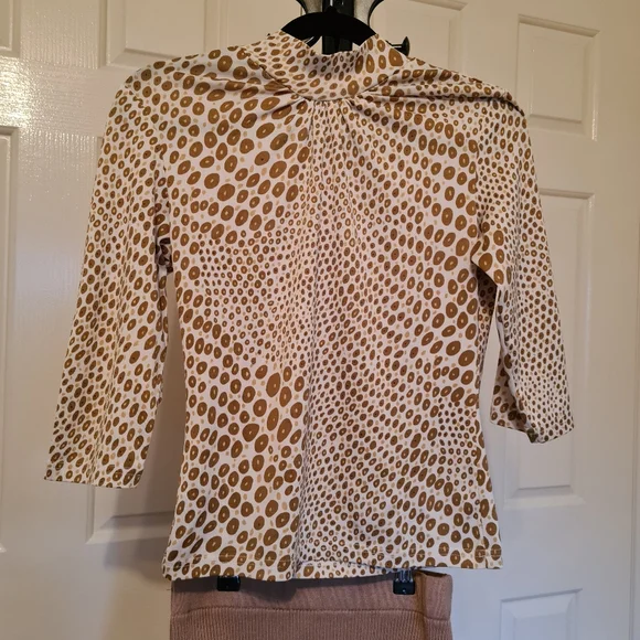 3/4 Beige Brown Round Pattern Blouse Stretchable Maxi Bodycon Semi Formal Tops - Picture 1 of 2